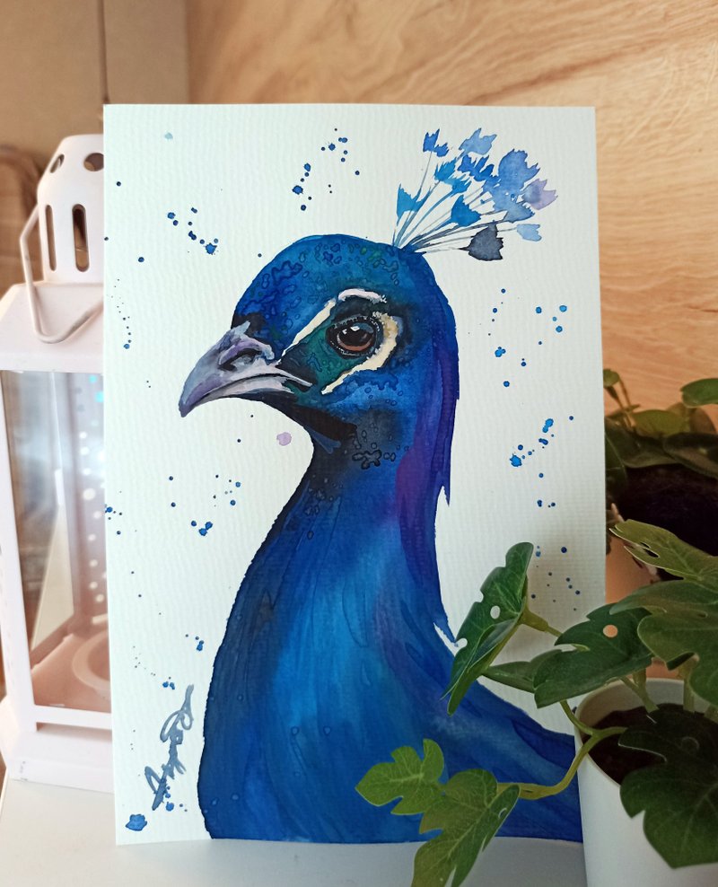 Watercolor original peacock bird room decor painting art by Anne Gorywine - 壁貼/牆壁裝飾 - 紙 白色