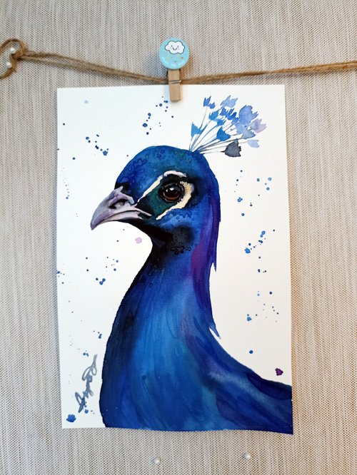 アン・ゴリワインによる水彩画のオリジナルの孔雀の鳥の部屋の装飾絵画