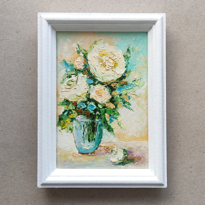 White Roses Original Oil Painting, Miniature Floral Artwork, Flower Wall Art - 海報/掛畫/掛布 - 其他材質 多色