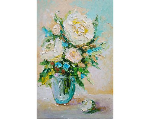 ColoredCatsArt White Roses Original Oil Painting, Miniature Floral Artwork, Flower Wall Art