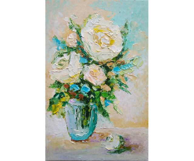 白いバラのオリジナル油絵、ミニチュア花のアートワーク、花の壁