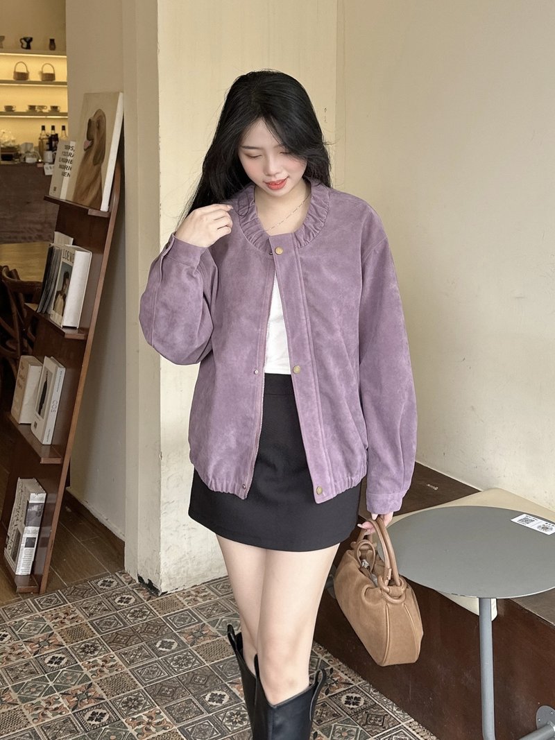 Gentle Purple Round Neck Zipper Jacket Suede Coat - Women's Tops - Cotton & Hemp 