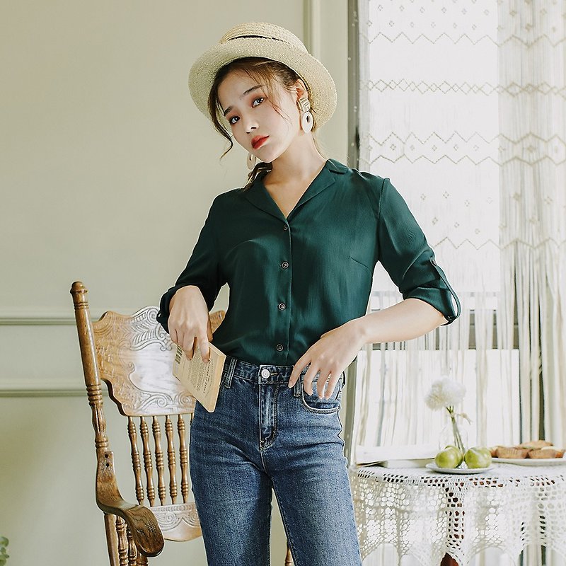 [This section participates in 199 Option 2] Solid color suit collar long-sleeved shirt - Women's Shirts - Other Materials Green