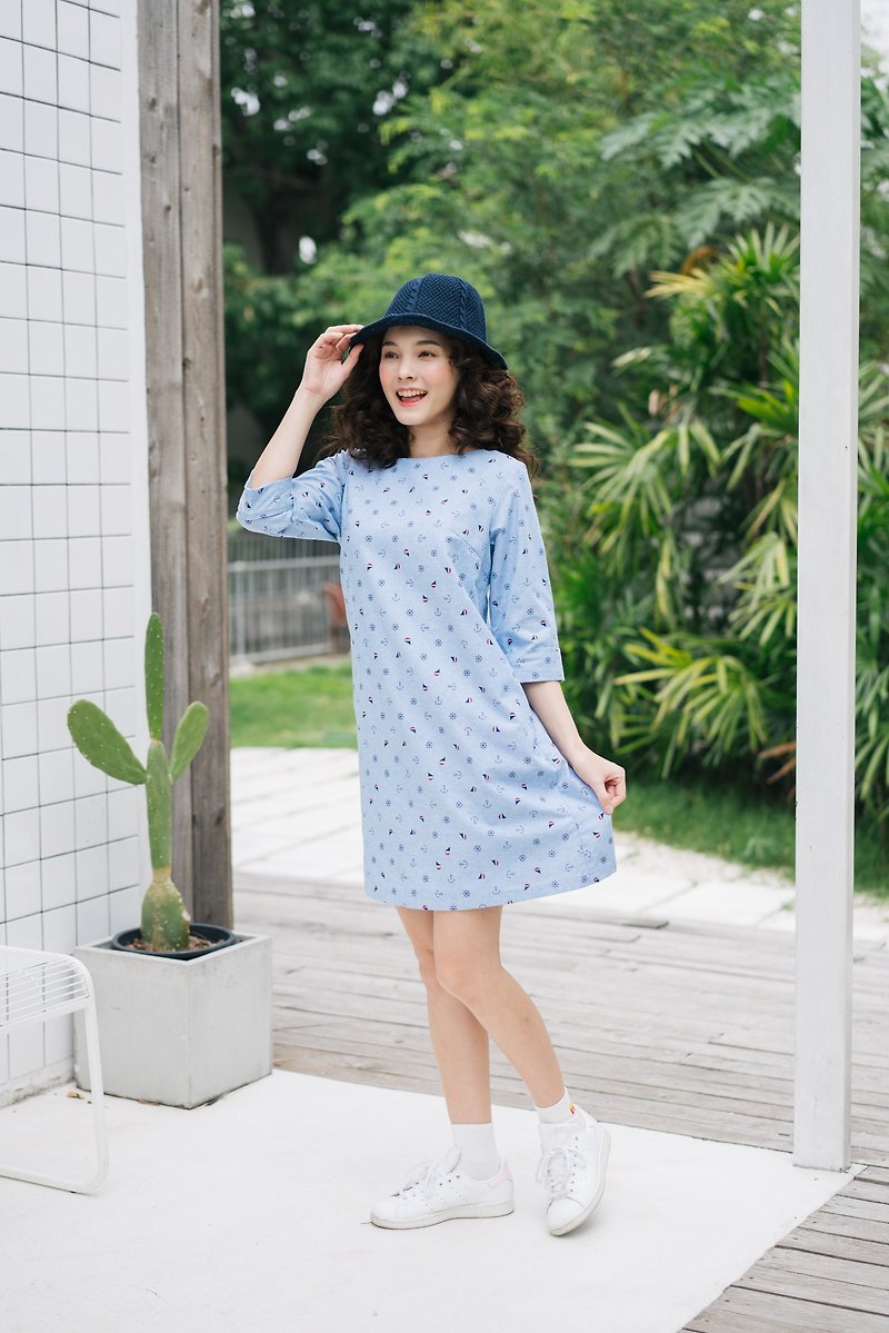 Women A line Dress with sleeve pockets dress casual dress for summer and working - 洋裝/連身裙 - 棉．麻 藍色