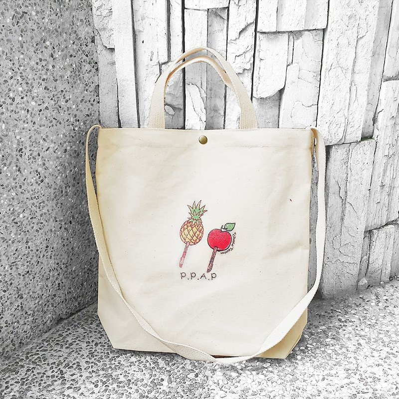 PPAP pineapple apple pen A4 double-sided printing by hand-sewn cloth on bag / shoulder bag / shoulder bag (bags / bag / computer bag / documents bag / shopping bag) - กระเป๋าแมสเซนเจอร์ - ผ้าฝ้าย/ผ้าลินิน หลากหลายสี