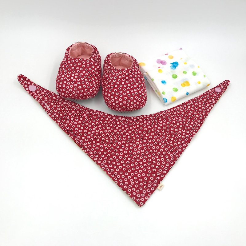 小紅花-彌月寶寶禮盒(學步鞋/寶寶鞋/嬰兒鞋+2手帕+領巾) - 滿月禮物 - 棉．麻 紅色