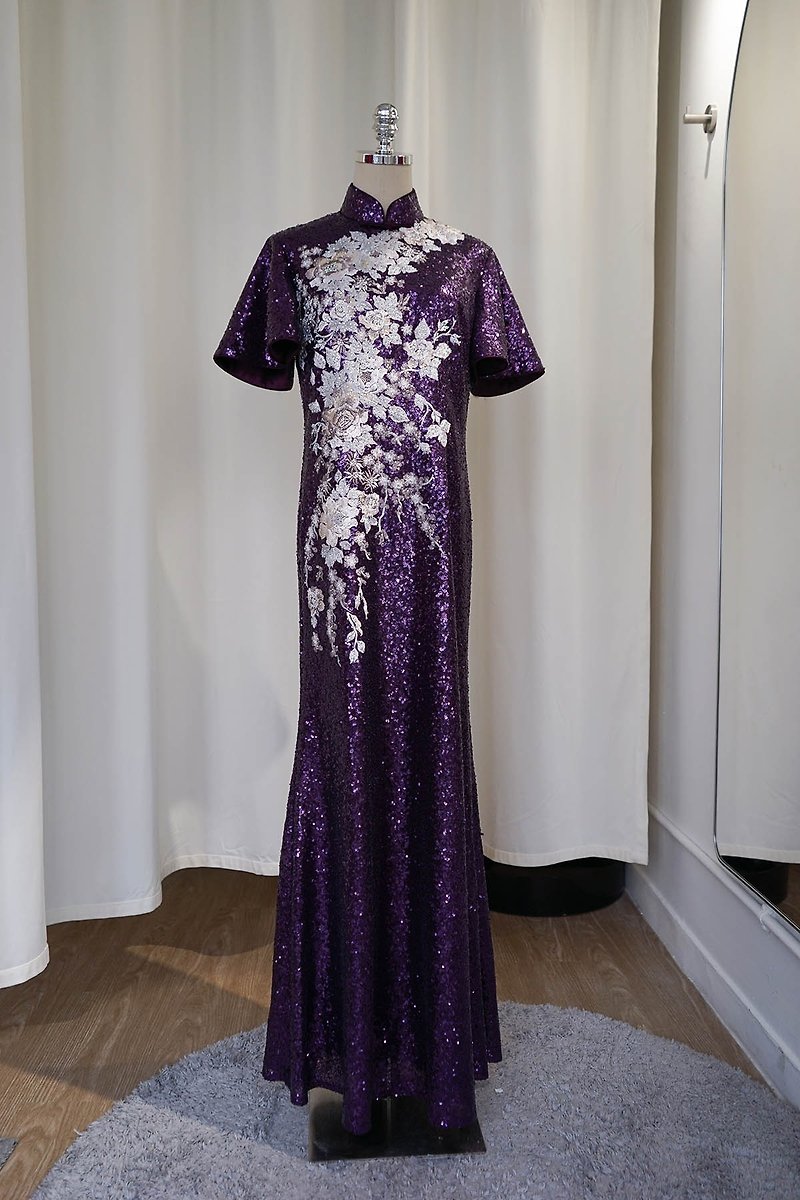荷葉袖珠片蕾絲刺綉旗袍裙 | 晚裝禮服 | 媽媽旗袍 - 旗袍 - 聚酯纖維 紫色