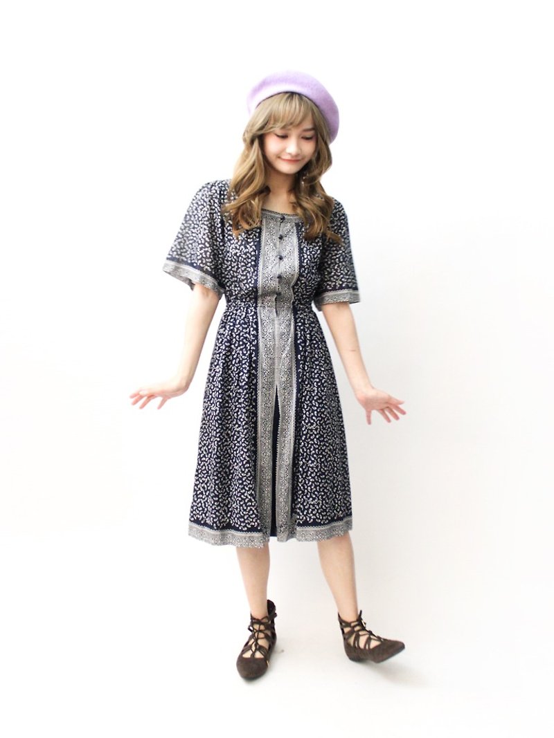 【RE0503D1182】 retro national wind amoeba dark blue short-sleeved spring and summer ancient dress - One Piece Dresses - Polyester Black