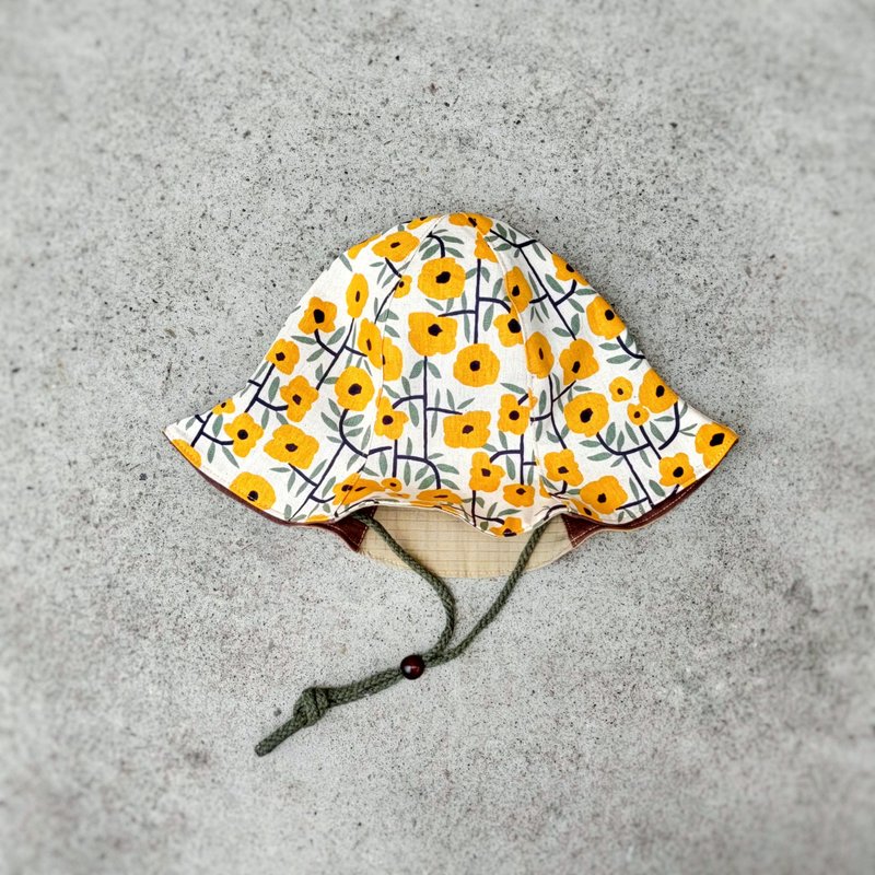 小牛村 手工釣鐘帽 雙面遮陽帽 可愛 母親節禮物 / 後院芥黃花 - 帽子 - 棉．麻 黃色