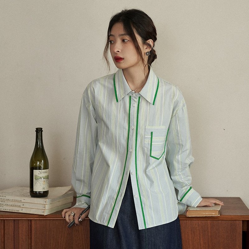 Contrast color striped shirt|shirt|two colors|spring style|Sora-1463 - เสื้อเชิ้ตผู้หญิง - ผ้าฝ้าย/ผ้าลินิน หลากหลายสี