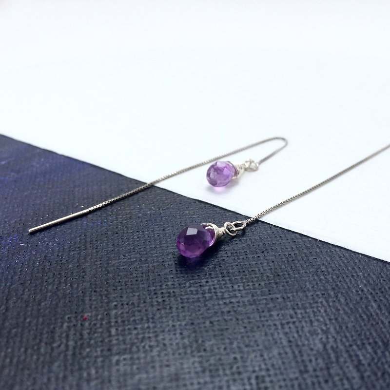 Temperament Amethyst Small Water Drop Earrings Ear Line 925 Silver Section [Ziweiyuan Series] - Earrings & Clip-ons - Gemstone Purple