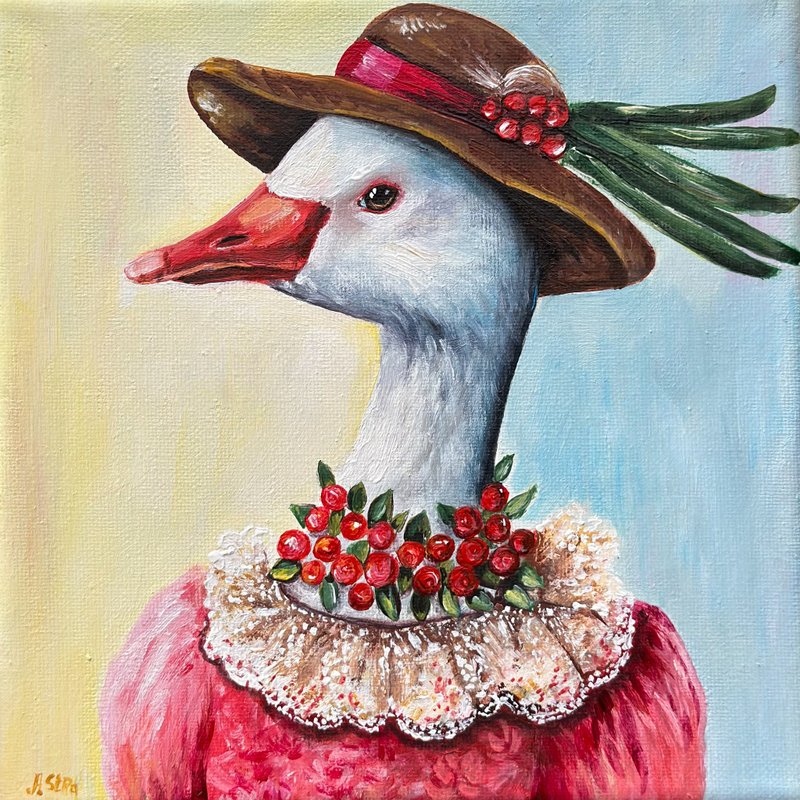 Goose original canvas painting, Bird decor, Handmade Gift, Goose wall art - ตกแต่งผนัง - ผ้าฝ้าย/ผ้าลินิน หลากหลายสี