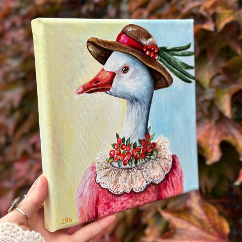 ガチョウのオリジナルキャンバス絵画、鳥の装飾、手作りギフト