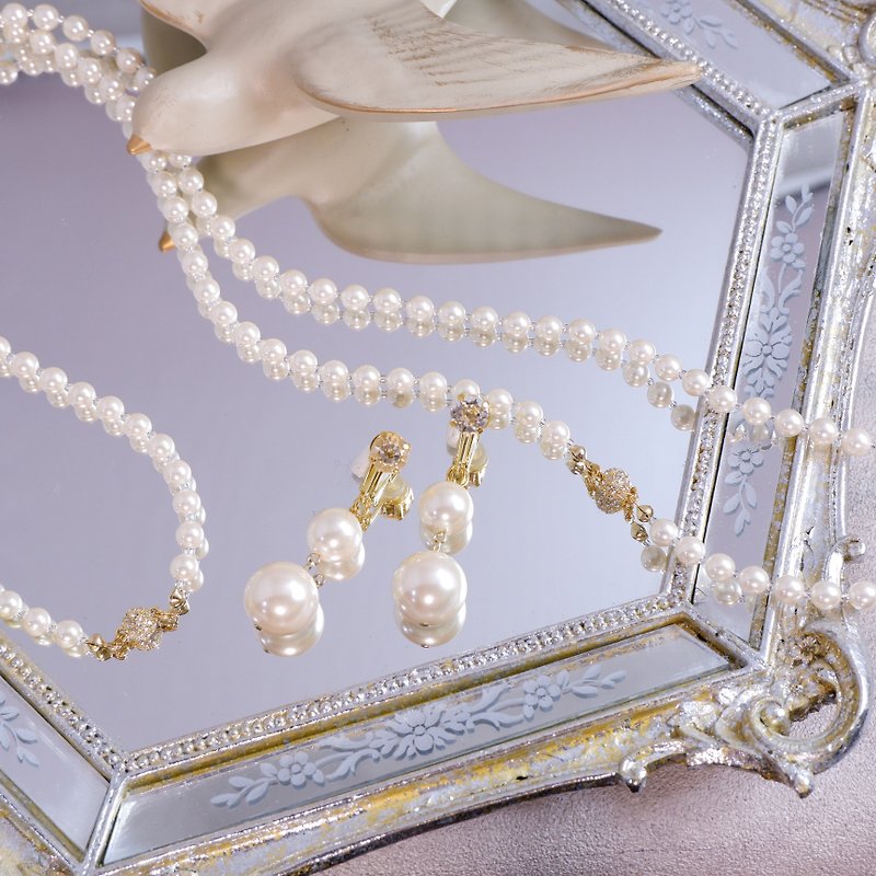 5way long pearl necklace and ear accessories (white ver.) - สร้อยคอ - พลาสติก ขาว