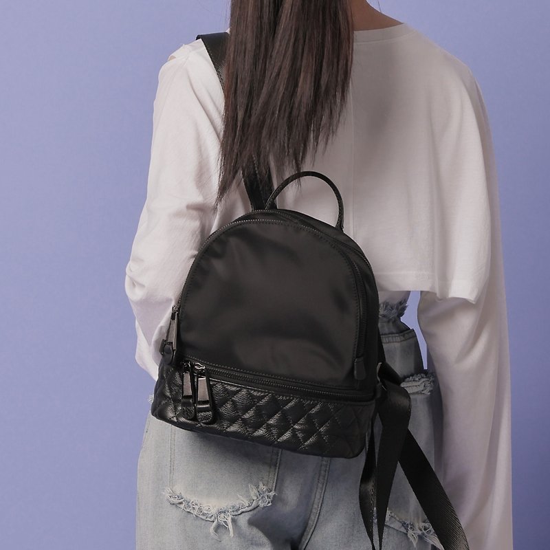 Rhombus Leather - Shoulder Backpack - Black - กระเป๋าเป้สะพายหลัง - หนังแท้ สีดำ