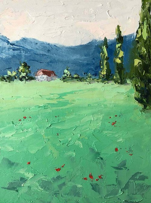 OsipovArtStudio Original Italy Landscape Mountains Oil Painting On Canvas Green Field Impasto