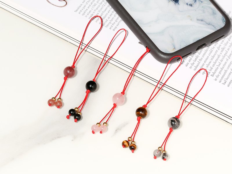 Waiting for strawberry crystal obsidian powder crystal yellow tiger eye black hair crystal red rope pendant mobile phone pendant bag pendant - Lanyards & Straps - Gemstone Multicolor