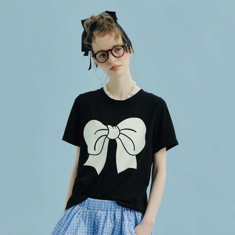 白色蝴蝶結黑色短袖棉T恤 / T-shirt 上衣 - 女 T 恤 - 棉．麻 黑色