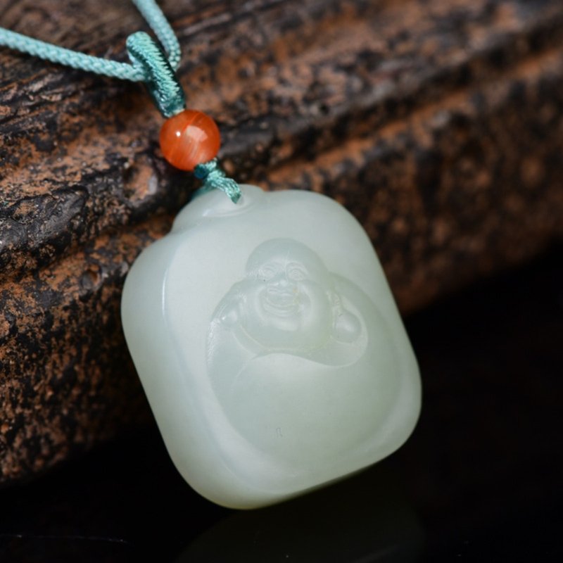 Natural Hetian Jade Maitreya Buddha Pendant - Necklaces - Jade Gray