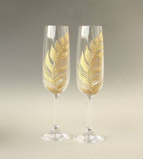 NeA Glass Gold Feather Champagne Glasses Wedding Anniversary, set of 2 Hand-painted