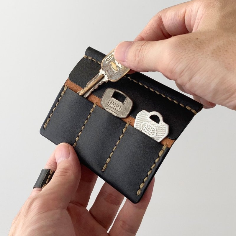 Logwood Dyed Leather丨3keys丨Slim Key Case【zlat3/ずらっと3】Hand-Sewn, Handmade - Keychains - Genuine Leather Black