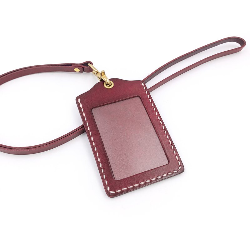 Handmade Vegetable Tanned Leather - Bronze Buckle ID Holder (Straight Set) - ที่ใส่บัตรคล้องคอ - หนังแท้ สีแดง