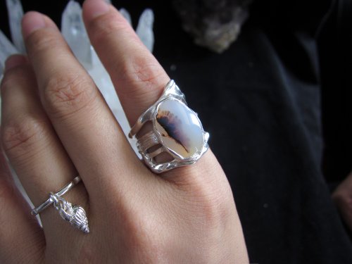 S-JEWELRY首飾店 原創手工 990銀鑲嵌海洋玉髓純銀指環寬面開口戒指