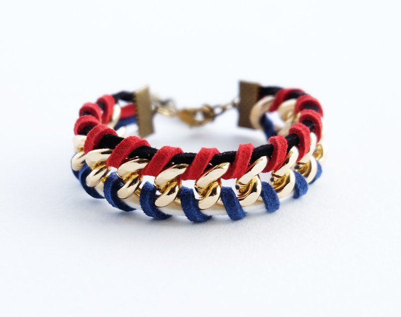 Black/white/navy/red suede cord twisted with gold chain bracelet - สร้อยข้อมือ - วัสดุอื่นๆ หลากหลายสี