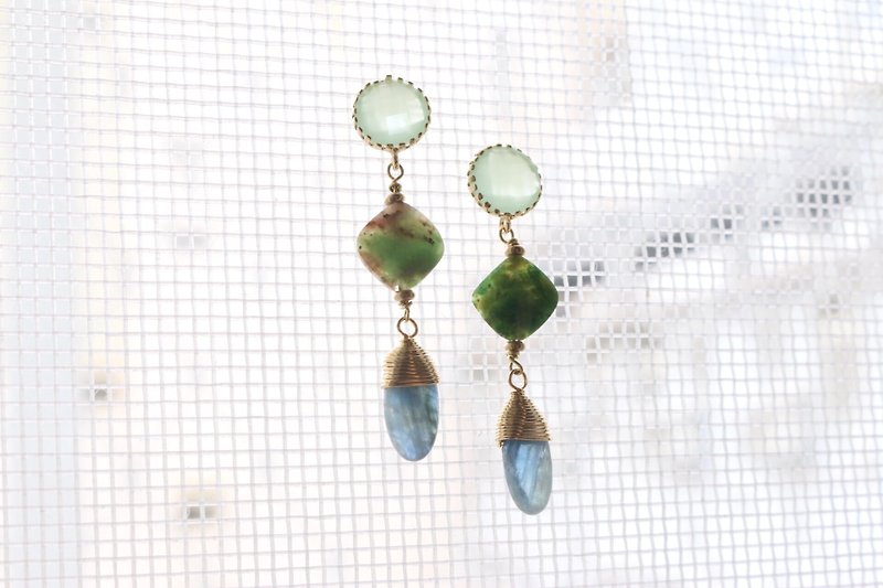 Amazonite Aquamarine natural stone earrings 1002 <3 in 1> - Earrings & Clip-ons - Gemstone Green