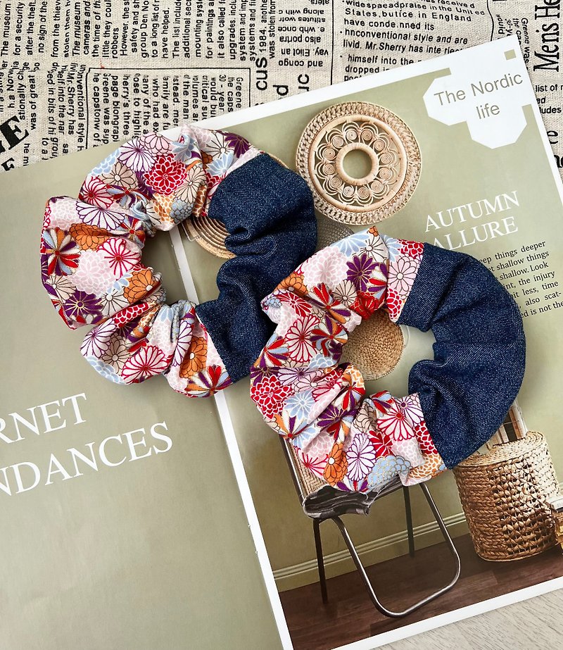 Summer festival scrunchie tie hair tie Japanese style denim - Hair Accessories - Cotton & Hemp Multicolor
