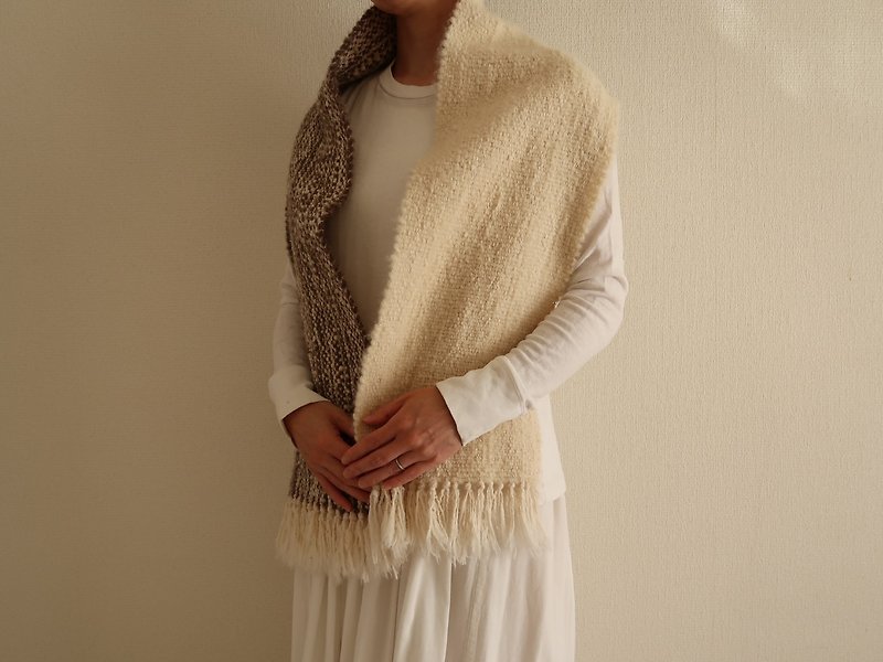 Shawl (S) 48　brown×white　wool　手織りマフラー【gift】　情人節　禮物　生日禮物 - スカーフ - ウール ブラウン