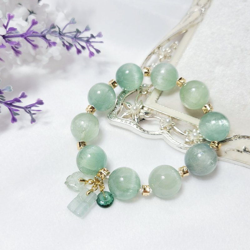 稀有頂級綠鋰輝石 貓眼 藍碧璽 智慧 心輪 手鍊 單品 禮物 - 手鍊/手環 - 寶石 綠色