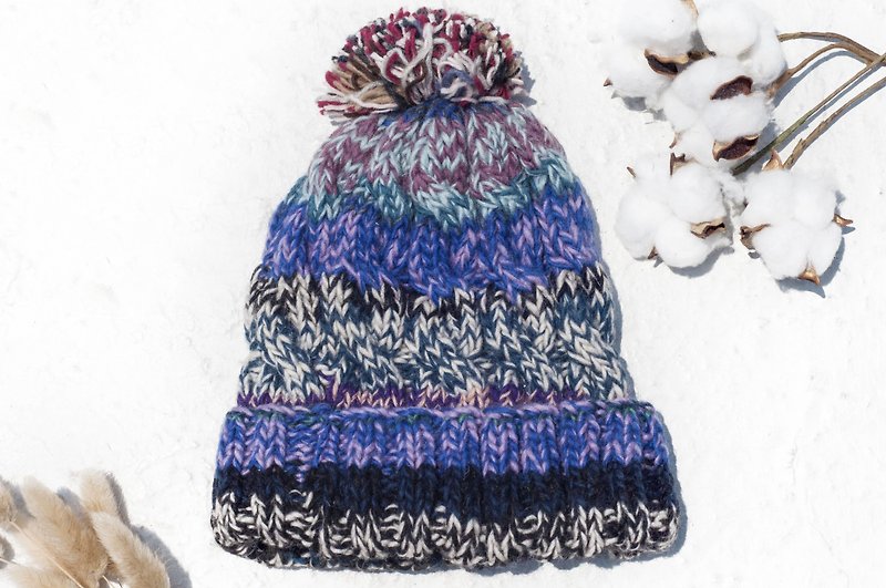 手工編織純羊毛帽/編織帽/針織毛帽/內刷毛手織毛帽-北歐藍色天空 - 帽子 - 羊毛 多色