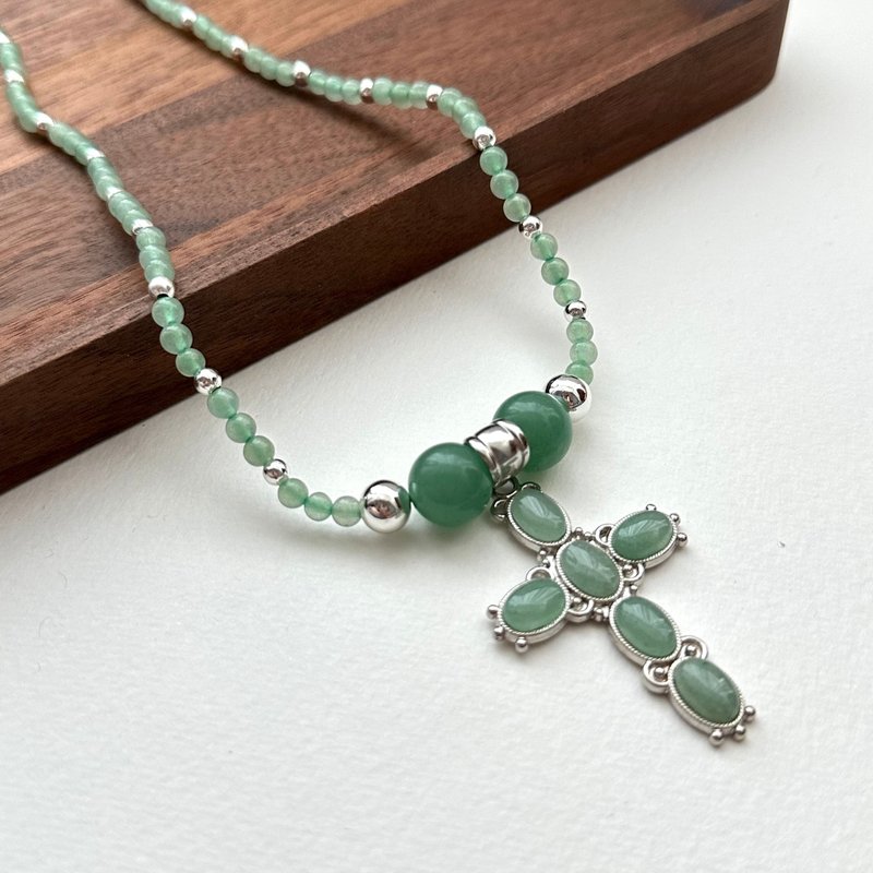 [Taurus and Gemini | May Birthday] Green Aventurine Cross Silver Necklace Luck and Opportunity Entrepreneur - Necklaces - Semi-Precious Stones Green