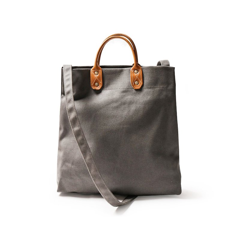 點子包【icleaXbag】簡約M號真皮帆布購物袋 手提包 深灰色 DG26 - 側背包/斜背包 - 棉．麻 灰色