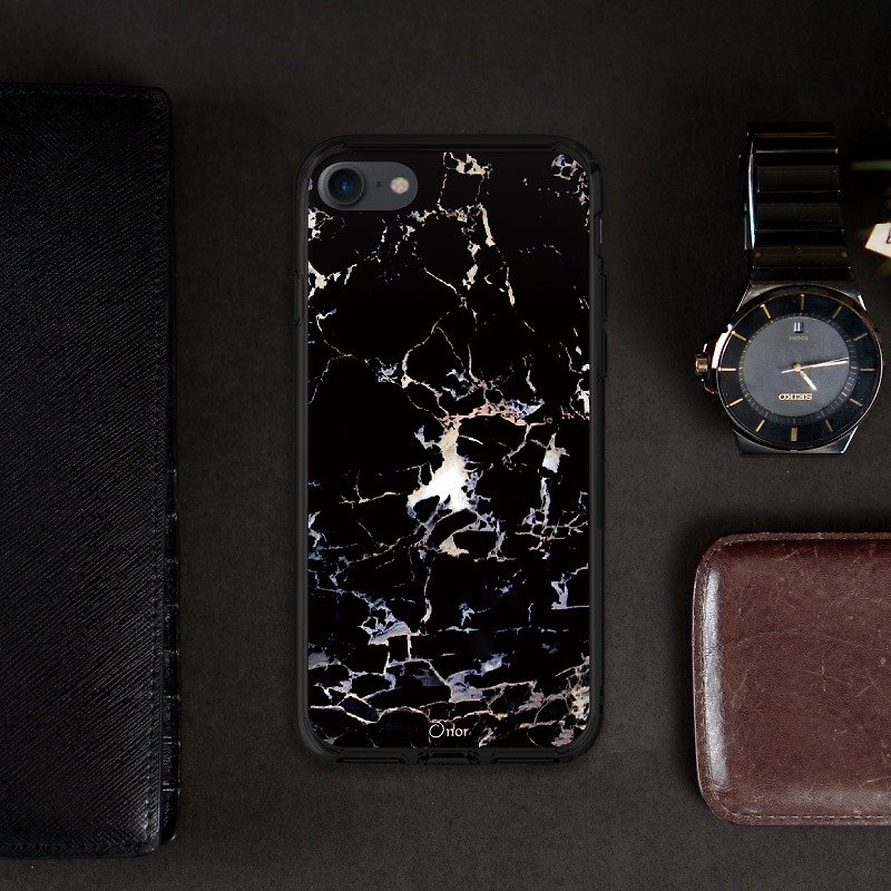 冰晶殼-限量 | 極地大理石系列【暗潮黑|碳黑框】iPhone 7非滿版保護貼適用-原創手機殼/保護套/防摔殼/電話殼/空壓殼-Pkd-b05 - 手機殼/手機套 - 塑膠 黑色