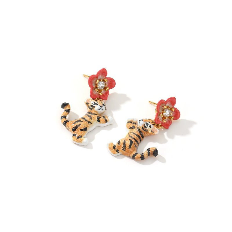 Tiger stripe red cherry blossom handmade enamel earrings - Earrings & Clip-ons - Enamel 