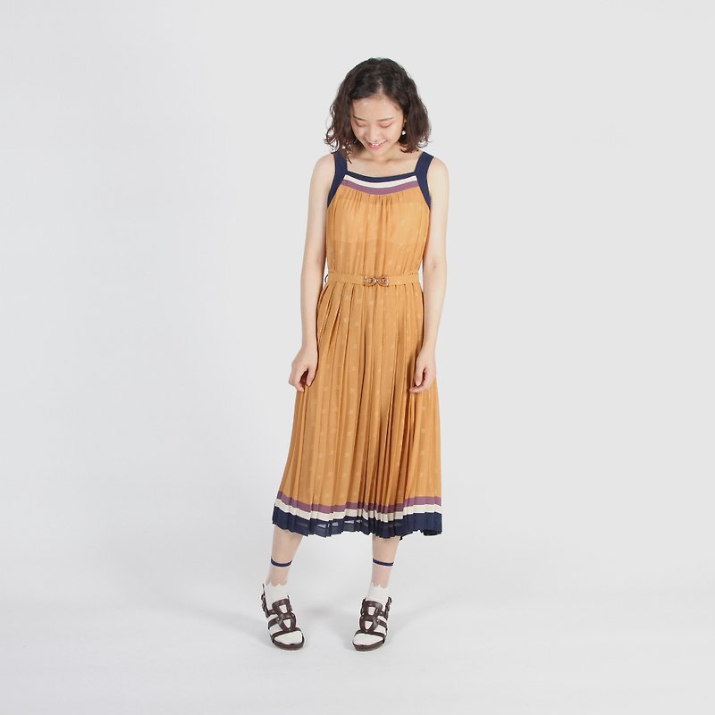 [Egg Plant Vintage] Swinging Ginza Thin Shoulder Strap Print Sleeveless Vintage Dress - One Piece Dresses - Polyester Orange
