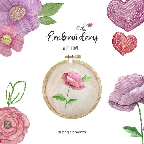 Art and Funny Watercolor embroidery clipart with round hoop and flowers