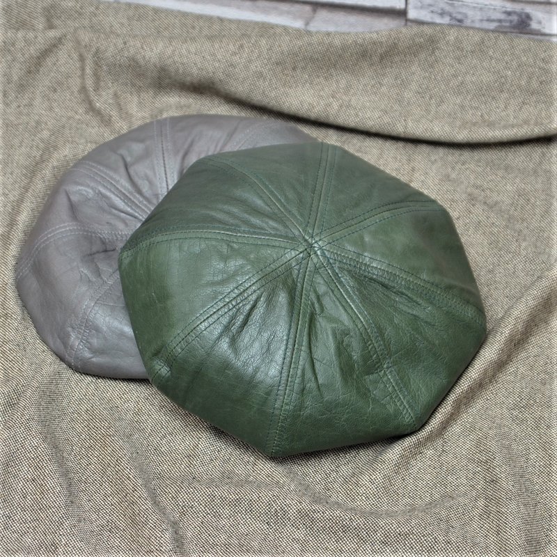 貝雷帽 MAJORLIN羊皮藝術家 綠帽子 軍風 皮帽 聖誕 禮物 交換禮 - 帽子 - 真皮 綠色