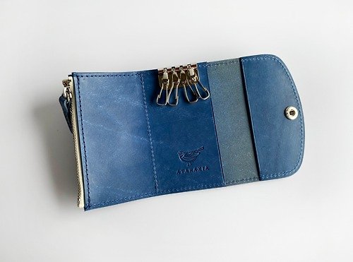 ataraxia-leather ファスナーポケット付きキーケース ブルー イタリアンレザーMAYA使用 スマートキー収納可能 選べる金具色 名入れ可能 ギフト対応可能