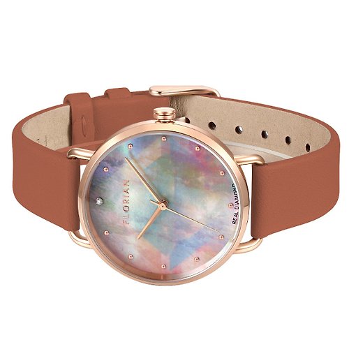 Florian Candy Diamond 36mm系列 鑽石 母貝 啡色皮帶手錶 | 玫瑰金/銀