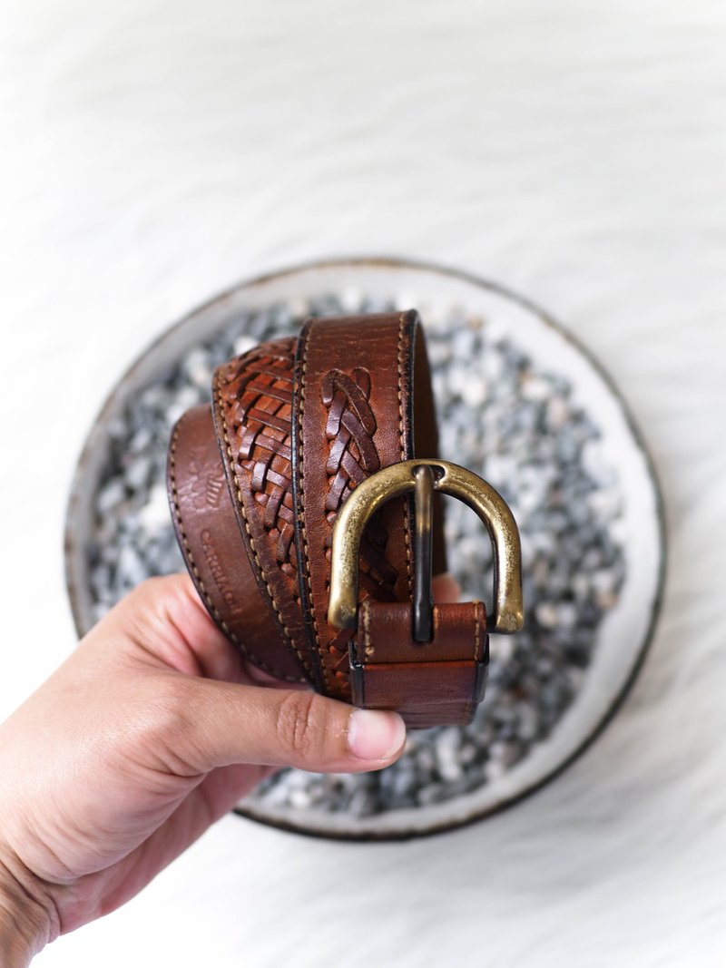 河水山 - 茶褐咖啡藤狀編織青澀手札 銅頭真皮牛皮革皮帶 vintage - 皮帶/腰帶 - 真皮 咖啡色