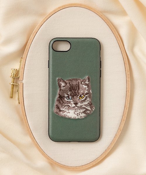 jubileedesign 立體刺繡手機殼 iPhone SE/7/8 PBAT PU合成皮革 貓咪x橄欖綠