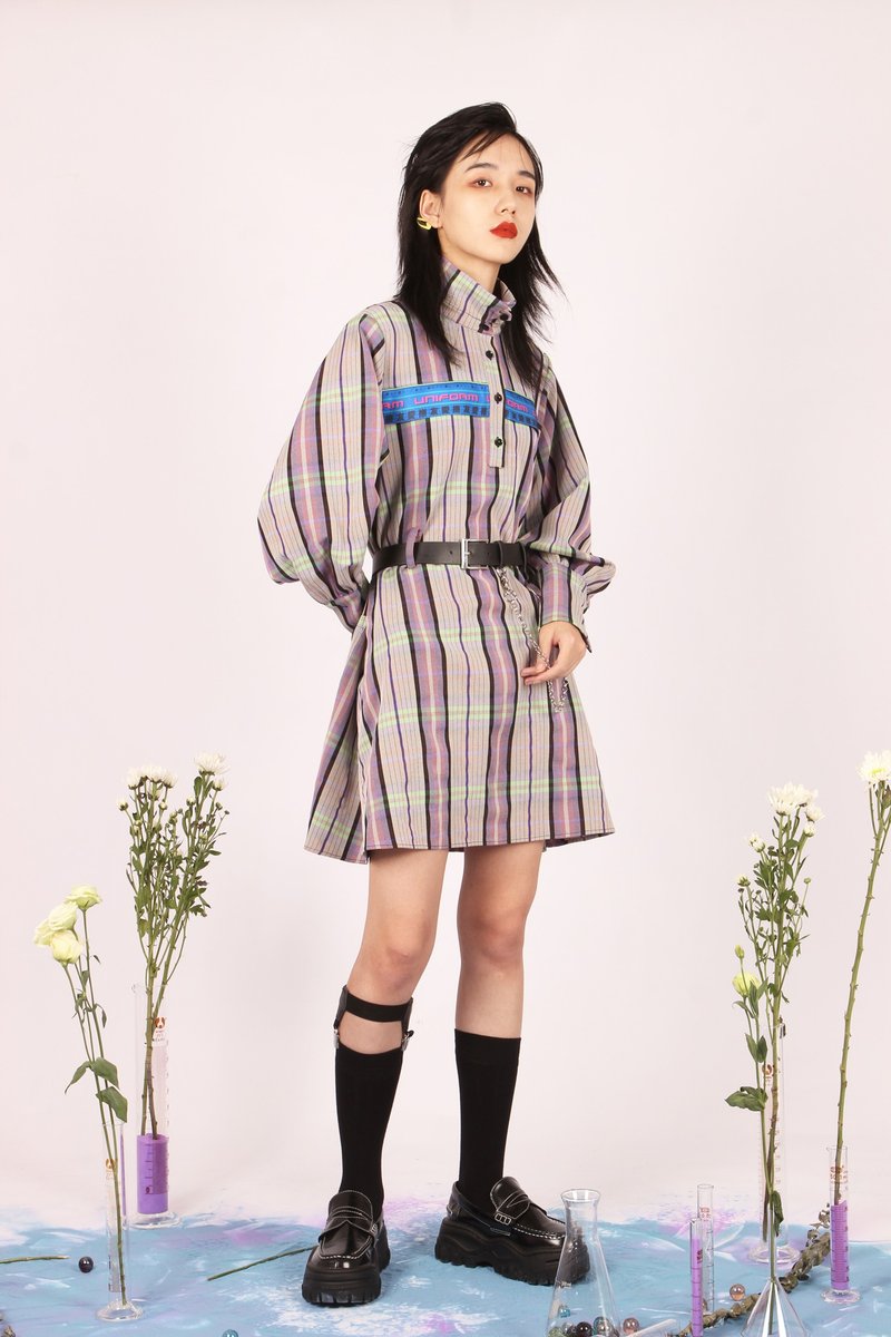 帥氣印花拼接格紋燈籠袖高領A字連衣裙 2019AW - 洋裝/連身裙 - 其他人造纖維 多色