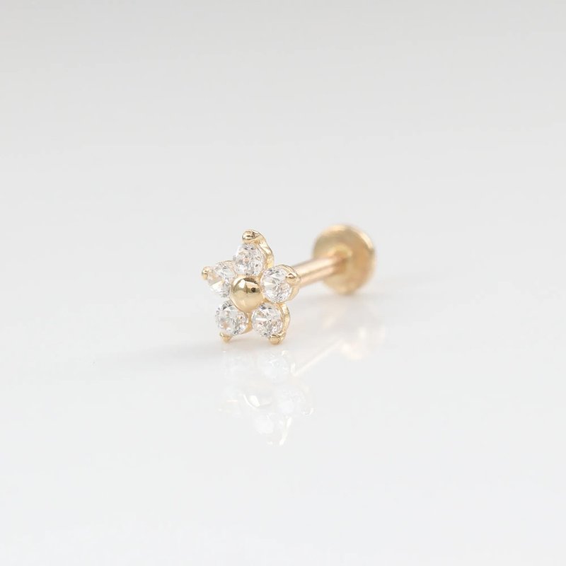 14K star flower lock bead earrings (front lock flat bottom round cake) (single) ear bone and ear socket do not fade - ต่างหู - เครื่องประดับ สีทอง