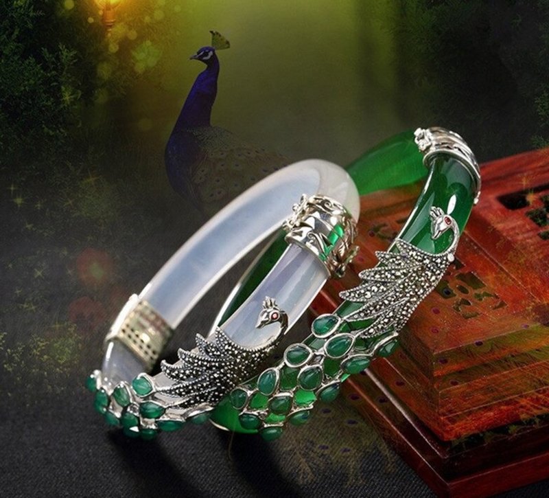Real 925 Sterling Silver Bangles for Women Thai Silver Animal Chalcedony Peacock - 手鍊/手環 - 純銀 銀色