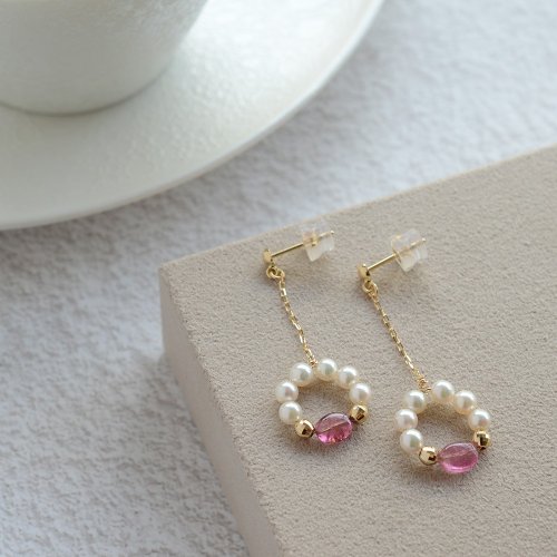 JEWELRY and PEARL FUKUDA Akoya珍珠 耳環 18K金 海水珍珠 日本製造 耳針 pink tourmaline