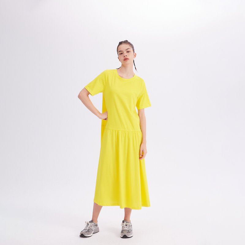 10 MOOn 俐落剪裁低腰黃色抽褶洋裝 - 洋裝/連身裙 - 棉．麻 黃色
