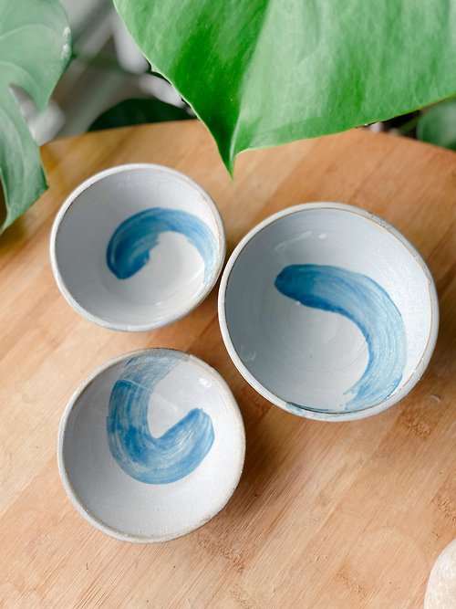 洋流 豆皿-手作陶燭台-霧白藍彩陶碗-燭台-豆皿-大中小三個